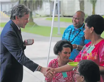  ?? Photo: Inoke Rabonu ?? United States of America Ambassador to Fiji Joseph Cella greets guests at the US Embassy in Suva on July 2, 2020.