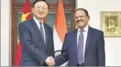  ?? PTI ?? National security adviser Ajit Doval meets Chinese state councillor Yang Jiechi in New Delhi on Friday.