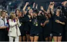  ?? Photograph: Brad Smith/ISI Photos/Getty Images ?? Sophia Smith (centre) of the Portland Thorns celebrates her MVP trophy after the NWSL Cup Final against Kansas City Current on 29 October, 2022 in Washington, DC.