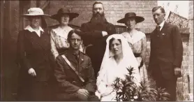  ??  ?? Wedding party at the marriage of Terence MacSwiney and Muriel Murphy. Front: Terence MacSwiney and his wife Muriel (née Murphy). Back (left to right): Mary MacSwiney, Annie MacSwiney, Fr Augustine Hayden OFM (Capuchin friar), bridesmaid Geraldine...