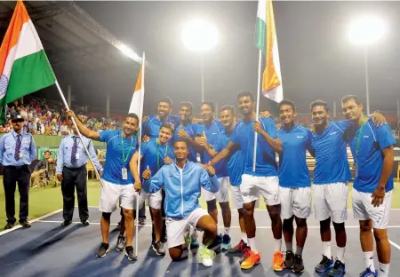  ?? — SHASHIDHAR B. ?? The Indian team celebrate their 3-0 win over Uzbekistan in their Davis Cup Group I Round Two tie in Bengaluru on Saturday.