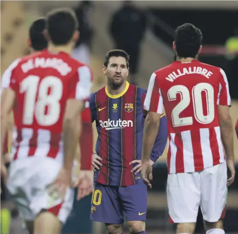  ?? Reuters ?? Lionel Messi was sent off in the Spanish Super Cup final after striking out at Athletic Bilbao striker Asier Villalibre