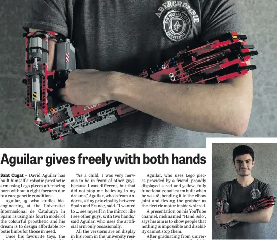  ?? Pictures: Reuters ?? HANDYMAN. David Aguliar with his prosthetic arm built with Lego pieces during an interview in Sant Cugat del Valles, near Barcelona, on Monday.