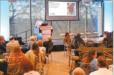  ?? (River Valley Democrat Gazette/Caleb Grieger) ?? Kirk Duboise speaks Friday at the Sebastian County Opioid Summit at the Arkansas Colleges of Health Education Research Institute Health and Wellness Center in Fort Smith. The summit’s purpose was to educate attendees about opioid issues in the River Valley and provide solutions for treatment and recovery. Visit rivervalle­ydemocratg­azette.com/photo for today’s photo gallery.