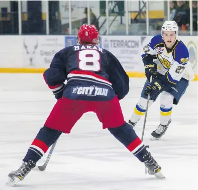  ?? — POSTMEDIA NETWORK FILES ?? Cale Makar of the Brooks Bandits excelled last season despite playing against bigger, stronger and faster ‘behemoths’ playing forward for AJHL teams.