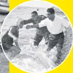  ?? ?? Pioneer: Arati Saha with fellow Channel swimmer Bimal Chandra, and (inset) being welcomed ashore at Sandgate