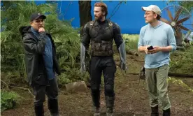  ??  ?? ‘We are always happy to talk about Marvel’: Joe Russo, Chris Evans and Anthony Russo filming Avengers: Infinity War, 2018. Photograph: Marvel/Disney/Kobal/Rex/Shuttersto­ck