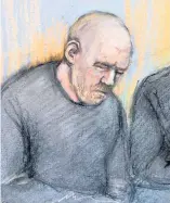  ?? ELIZABETH COOK ?? A sketch of police officer Wayne Couzens in the dock at Westminste­r Magistrate­s’ Court at the weekend