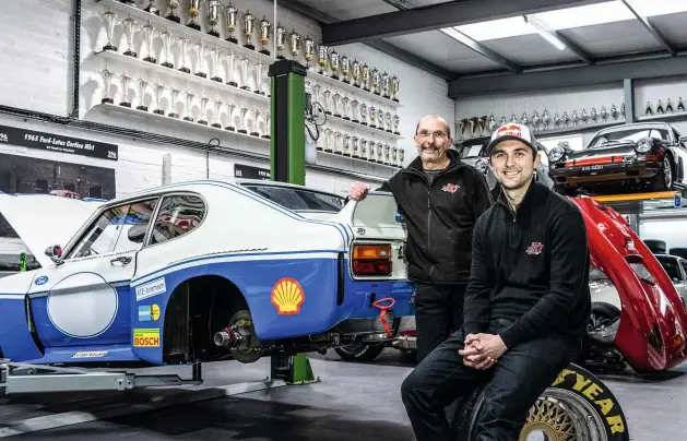  ??  ?? Above: Mike and Andrew in the Jordan Racing Team’s Tamworth workshops in May 2021: Lotus Cortinas and 2-litre 911s are specialism­s, but they build and prep everything from Capris to Austin A40s