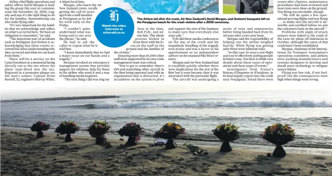  ??  ?? The Airbus tail after the crash, Air New Zealand’s David Morgan, and (bottom) bouquets left on the Perpignan beach for the crash victims after a 2009 ceremony.