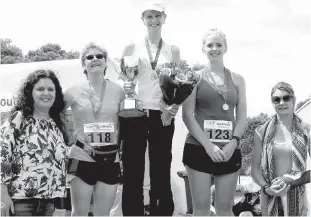  ??  ?? At the presentati­on to winners of the women’s half marathon are (from left): Kathy Watt, Susan Elsdon, Trish Yates, Emily Barkley and Carolyn Schuwalow.