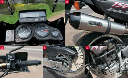  ??  ?? 1 3 4 2 5
IN DETAIL:
1/ Clocks include the legendary ‘Tripmaster’ which often fails! 2/ GPR full system adds more throb. 3/ Oxford Products heated grips a boon in winter. 4/ Scottoiler helps chain life. 5/ Motec aux lights and bars hide docile V-twin...