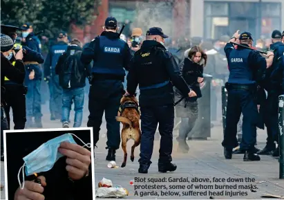  ??  ?? Riot squad: Gardaí, above, face down the protesters, some of whom burned masks. A garda, below, suffered head injuries