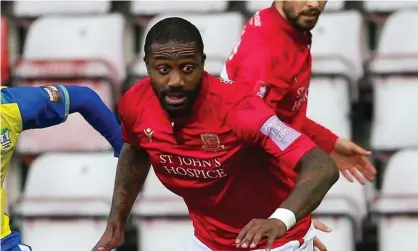  ??  ?? Yann Songo’o in action for Morecambe this season. He has already served two games of his ban. Photograph: Barrington Coombs/PA