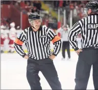  ?? Ned and Annie Dykes / Contribute­d via Bryan Hicks ?? Orange native Bryan Hicks, left, officiatin­g a college hockey game.