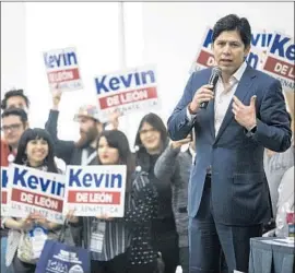  ?? Kent Nishimura Los Angeles Times ?? STATE SEN. Kevin de León, in challengin­g U.S. Sen. Dianne Feinstein, faces an uphill battle in his bid to unseat the grande dame of the Democratic Party.