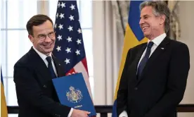  ?? Photograph: Andrew Caballero-Reynolds/ AFP/Getty Images ?? The Swedish prime minister, Ulf Kristersso­n, left, and the US secretary of state, Antony Blinken, after the Nato ratificati­on in Washington.