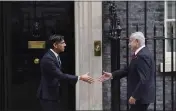  ?? STEFAN ROUSSEAU — PA VIA AP ?? Britain's Prime Minister Rishi Sunak, left, welcomes Israel Prime Minister Benjamin Netanyahu at Downing Street in London on Friday.