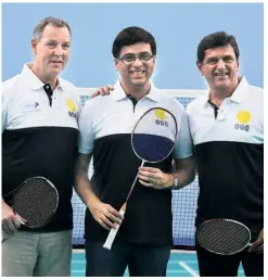  ?? SUDHAKARA JAIN ?? Star show: chess Grandmaste­r Viswanatha­n Anand with former badminton stars Morten Frost and Prakash Padukone. Players like Anand and Prakash were pioneers in their sport and put India truly on the world map.