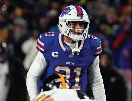  ?? AP PHOTO/RICK SCUTERI, FILE ?? FILE - Buffalo Bills safety Jordan Poyer (21) lines up against the Pittsburgh Steelers during an NFL wild-card playoff football game, Jan. 15, 2024, in Orchard Park, N.Y.