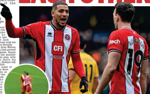  ?? NEWS IMAGES ?? Flashpoint: Sheffield United’s Souza and Robinson exchange words after Sarabia’s goal for Wolves before squaring up to each other (left)