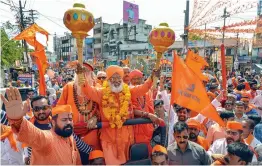  ?? — PTI ?? BJP MP Sakshi Maharaj takes part in “Gada Yatra” organised by Hindu Seva Parishad on the occasion of Hanuman Jayanti in Jabalpur on Saturday.