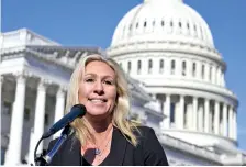  ?? AP PHOTO/SUSAN WALSH ?? Rep. Marjorie Taylor Greene, R-Ga., speaks during a news conference on Capitol Hill in Washington in February.