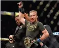  ?? JASEN VINLOVE/USA TODAY SPORTS ?? Justin Gaethje gets the championsh­ip belt after defeating Tony Ferguson at UFC 249 on May 9.