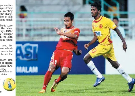  ??  ?? Opener: Selangor discard Rudie Ramli (left) scoring PKNS’ first goal as Selangor’s G. Gurusamy looks on during their Super League match at the MBPJ Stadium on Saturday. PKNS won 2-0. — M. AZHAR ARIF / The Star.