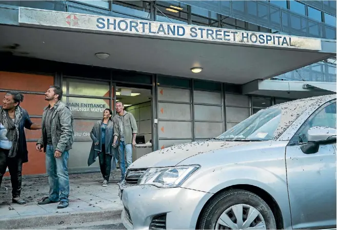  ??  ?? ‘‘Ash’’ everywhere: a shot behind the scenes of Shortland Street’s natural disaster.