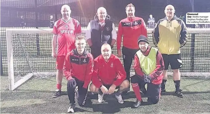  ??  ?? Diamond day Airdrie manager Stephen Findlay joins the walking footballer­s