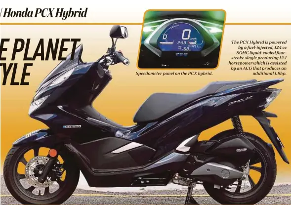  ??  ?? The PCX Hybrid is powered by a fuel-injected, 124 cc SOHC liquid-cooled fourstroke single producing 12.1 horsepower which is assisted by an ACG that produces an additional 1.9hp.