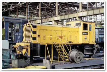  ?? RAIL PHOTOPRINT­S/RICHARD PRIESTLY. ?? Prior to closure, Swindon dealt with works level maintenanc­e to diesel shunters. With 08871 in the background, 97653 receives attention on April 2 1983.