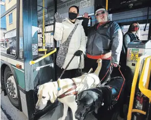  ?? CLIFFORD SKARSTEDT EXAMINER ?? Leslie Yee and Jason King, members of the Council for Persons with Disabiliti­es, with guide dogs Acura and Zaun board a city bus driven by Lyndy McRae on George Street Wednesday.
