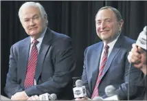  ?? GENE J. PUSKAR — THE ASSOCIATED PRESS FILE ?? NHL Players Associatio­n executive director Donald Fehr, left, and NHL Commission­er Gary Bettman, shown in 2015, worked in concert together this time to prevent future CBA problems.