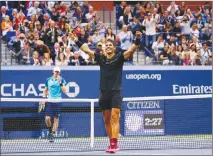  ??  ?? Rafael Nadal, of Spain, reacts after beating Kevin Anderson, of South Africa, to win the men's singles final of the U.S. Open tennis tournament, Sunday in New York.