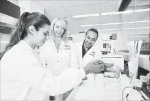  ?? KEVIN PATRICK ROBBINS, MCMASTER UNIVERSITY ?? Postdoctor­al fellows Lili Aslostovar, left, and Allison Boyd in the lab with Mick Bhatia, right, director of the Stem Cell and Cancer Research Institute at McMaster University.