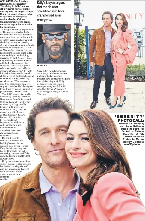  ??  ?? Matthew McConaughe­y and Anne Hathaway attend the photo call for Aviron Pictures ‘ Serenity’ at Ritz Carlton Hotel on Friday in Marina del Rey, California. — AFP photos