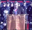  ??  ?? Joseph Rufo, president of Marple Township Board of Commission­ers, speaks at dedication of Broomall Fire Co.’s new building Saturday.