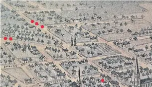  ?? ELLIS LITTLE LOCAL HISTORY ROOM, WATERLOO PUBLIC LIBRARY ?? Waterloo’s bird’s-eye-view map shows the Kalbfleisc­h/Traveller’s Home hotel where Charles Sr. first worked in the 1850s (above single dot); Central school on Church/Central Street (two dots); the Noecker family home, Karlsnest, at the corner of King and Noecker Streets (three dots). Note: on the original 1891 map, that street is labelled Frederick (name removed here) but the next street up is today’s Marshall which Frederick was changed to in 1951.