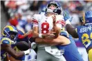  ?? ?? The Giants have reached the playoffs only once in the past decade and have continued to struggle under third-year quarterbac­k Daniel Jones. Photograph: Rich Schultz/Getty Images