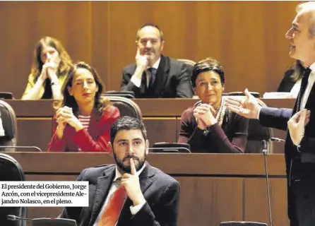  ?? ?? El presidente del Gobierno, Jorge Azcón, con el vicepresid­ente Alejandro Nolasco, en el pleno.