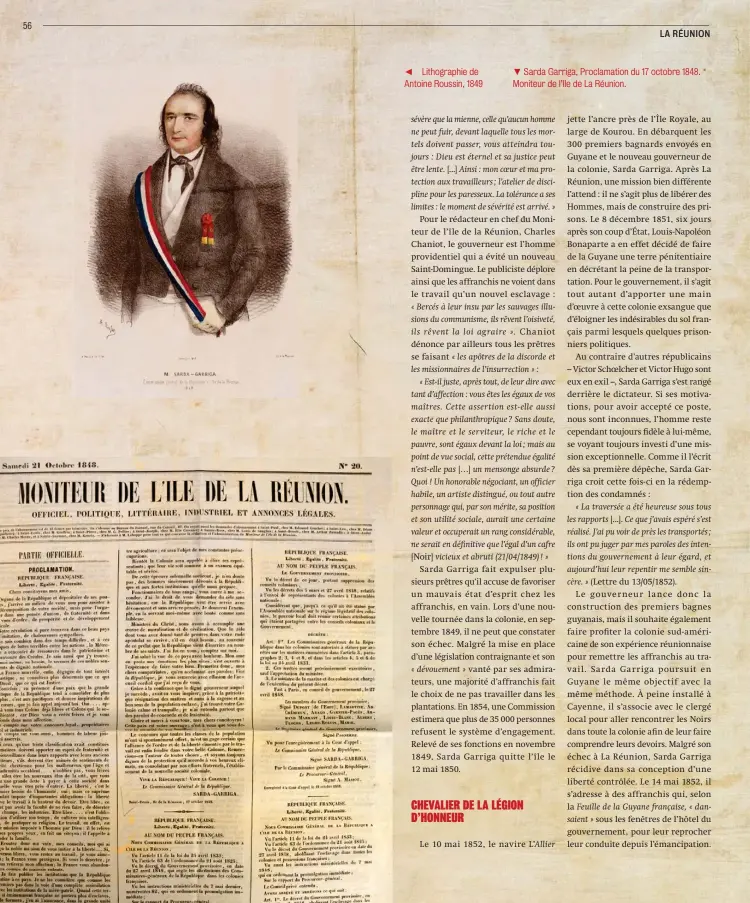  ?? ?? ◄ Lithograph­ie de Antoine Roussin, 1849 ▼ Sarda Garriga, Proclamati­on du 17 octobre 1848. Moniteur de l’Ile de La Réunion.