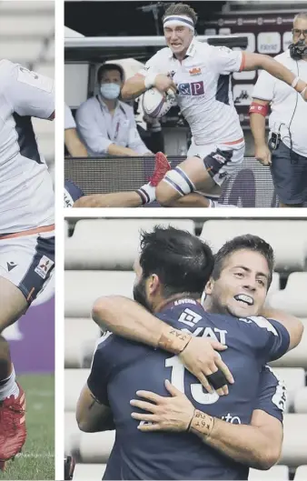  ??  ?? 2 Clockwise from main: Damien Hoyland is tackled during Edinburgh’s defeat by Bordeaux on Saturday. Prop Jamie Ritchie embarks on a run. Jean-baptiste Dubie, back to camera, celebrates with a teammate after scoring Bordeaux’s second try.