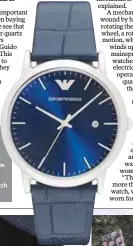  ??  ?? The reptileski­n look is common on leather watch-straps right now. Emporio Armani watch in blue.