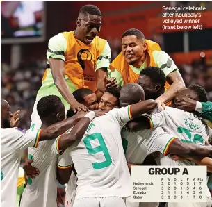  ?? ?? Senegal celebrate after Koulibaly’s volleyed winner (inset below left)