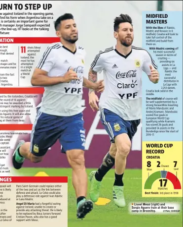  ?? UTPAAL SORKKAR ?? Lionel Messi (right) and Sergio Aguero train at their base camp in Bronnitsy.