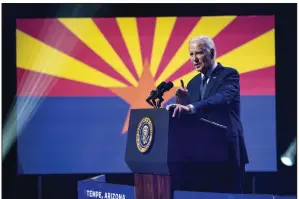  ?? (AP/Evan Vucci) ?? President Joe Biden delivers remarks on Thursday on democracy and honoring the legacy of the late Sen. John McCain at the Tempe Center for the Arts in Tempe, Ariz.