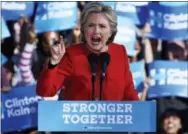  ?? THE ASSOCIATED PRESS ?? Democratic presidenti­al candidate Hillary Clinton speaks at a rally on the University of Pittsburgh campus in Pittsburgh, Monday.