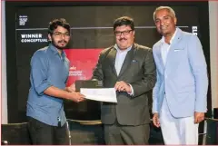  ?? ?? Below, left to right: Display of the projects by the finalists; Chandru (L) receiving his award from Naveen Soni, president of Lexus India (M) and Giri Venkatash, VP Lexus Asia Pacific Division (R)